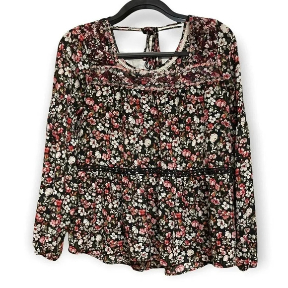 KNOX ROSE Blouse Dark Floral Crochet Detail Long Sleeve Size Medium - Picture 1 of 6